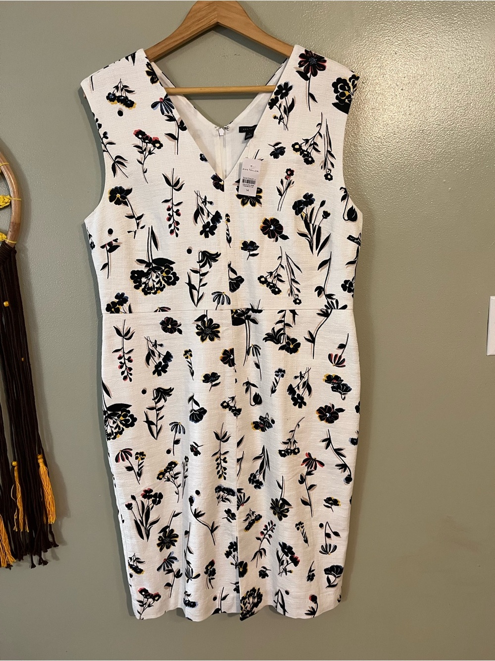 Ann Taylor White Floral Midi Dress with Black & Yellow Accents